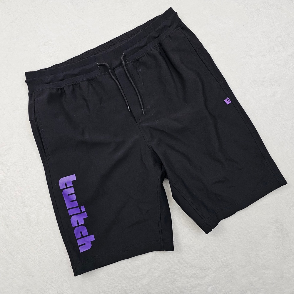 Twitch Stream Shorts Mens Medium Athletic Black Purple Logo Drawstring‎ Gamer